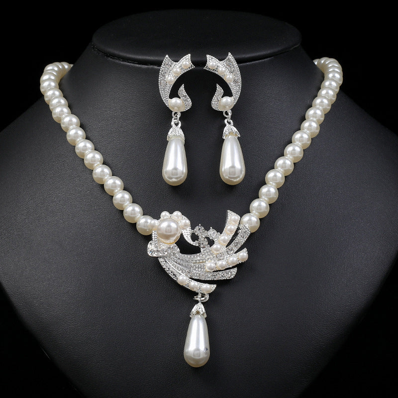 Women Wedding Dress Pearl Earrings Necklace Set