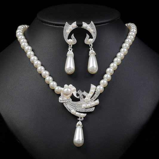 Women Wedding Dress Pearl Earrings Necklace Set