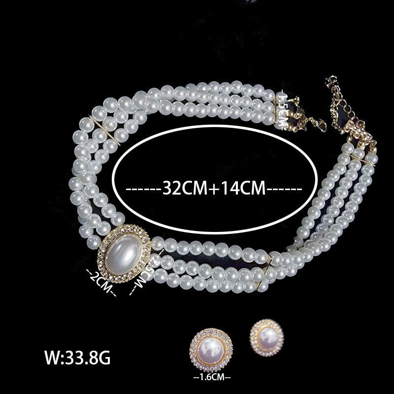 Elegant Layers White Pearl Bib Statement Necklace Earring Set