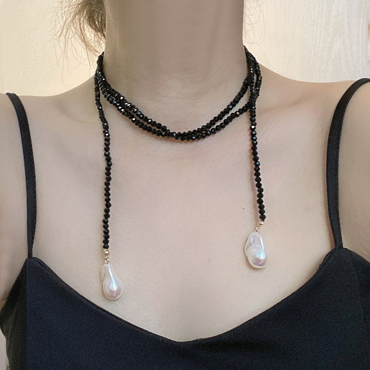 Sweater Necklace Black Crystal Pendant