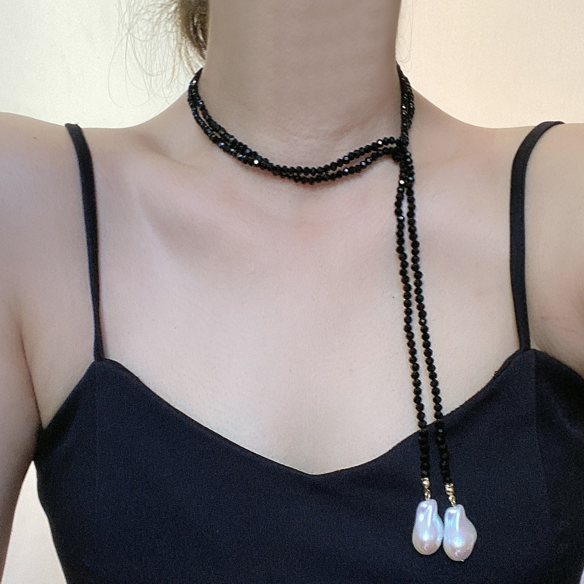 Sweater Necklace Black Crystal Pendant