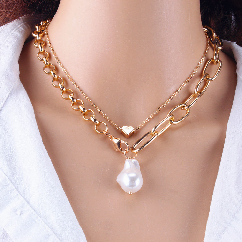 Baroque Pearl Heart layer Chain Necklace