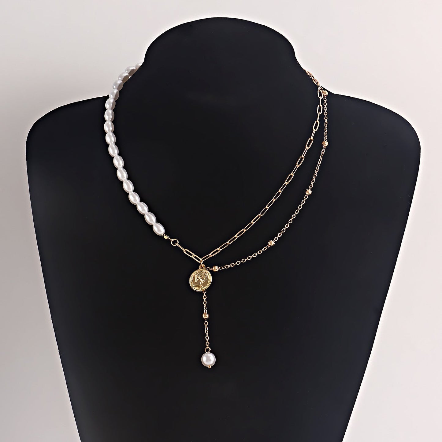 Punk Jewelry Imitation Pearl Coin Pendant Necklace