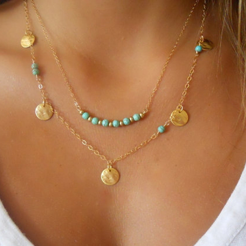 Turquoise Beads Sequins Multilayer Women Jewelry Necklaces