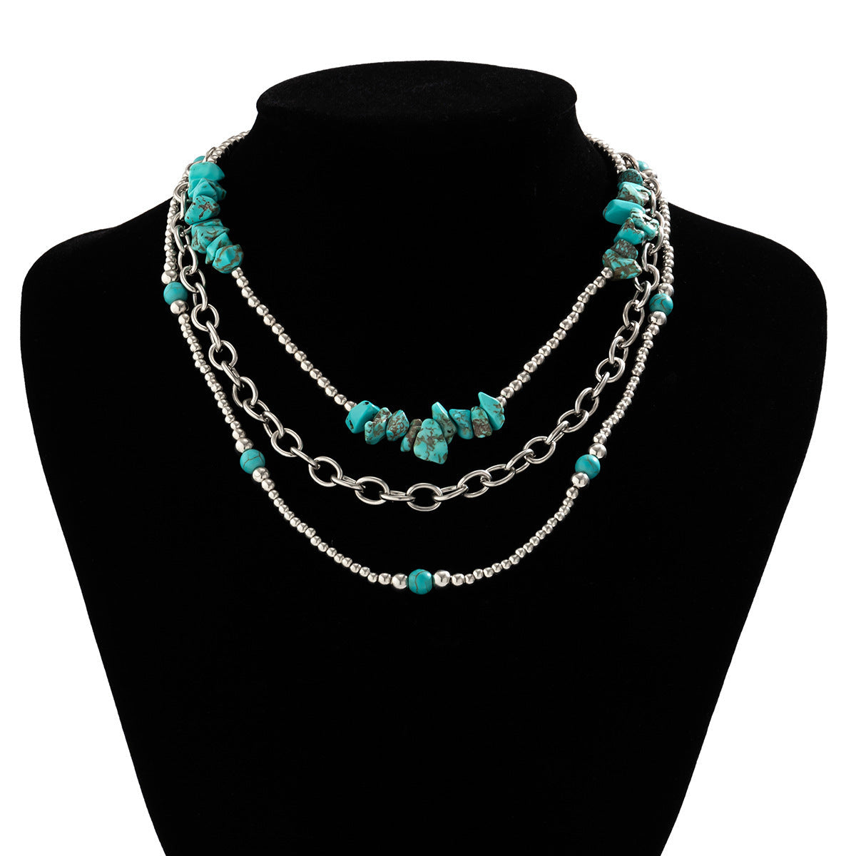 Boho Layered Cuben Chain Turquoise Natural Stone Beads Necklace