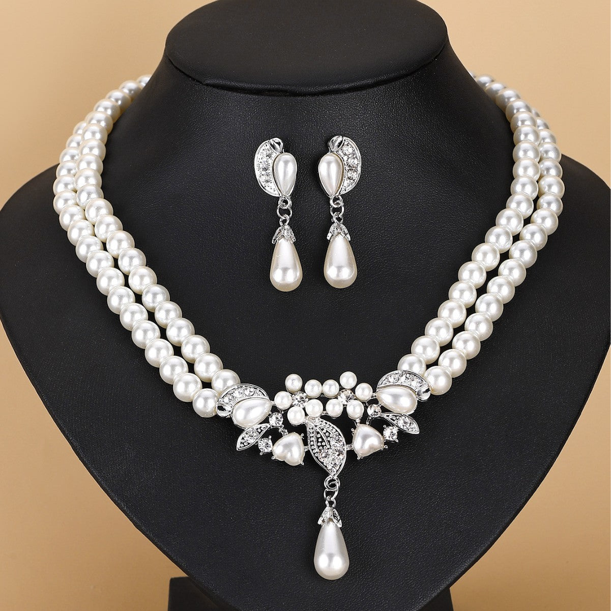 Double Layer Pearl Necklaces Earrings Bride Wedding Beads Jewelry Set
