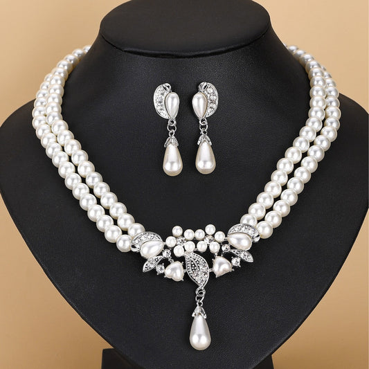 Double Layer Pearl Necklaces Earrings Bride Wedding Beads Jewelry Set