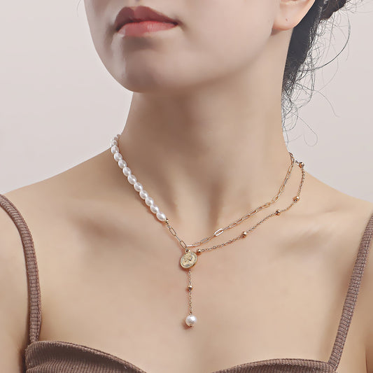 Punk Jewelry Imitation Pearl Coin Pendant Necklace