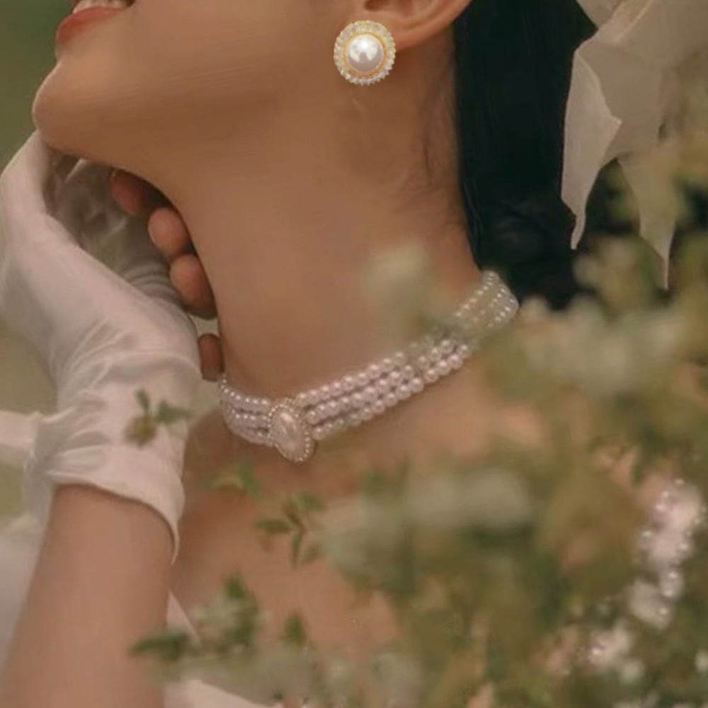 Elegant Layers White Pearl Bib Statement Necklace Earring Set