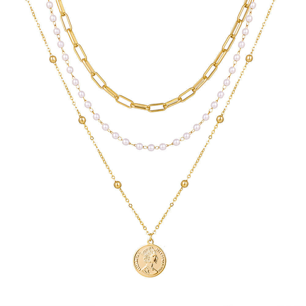 Portrait Round Pendant Bead Chain Necklace