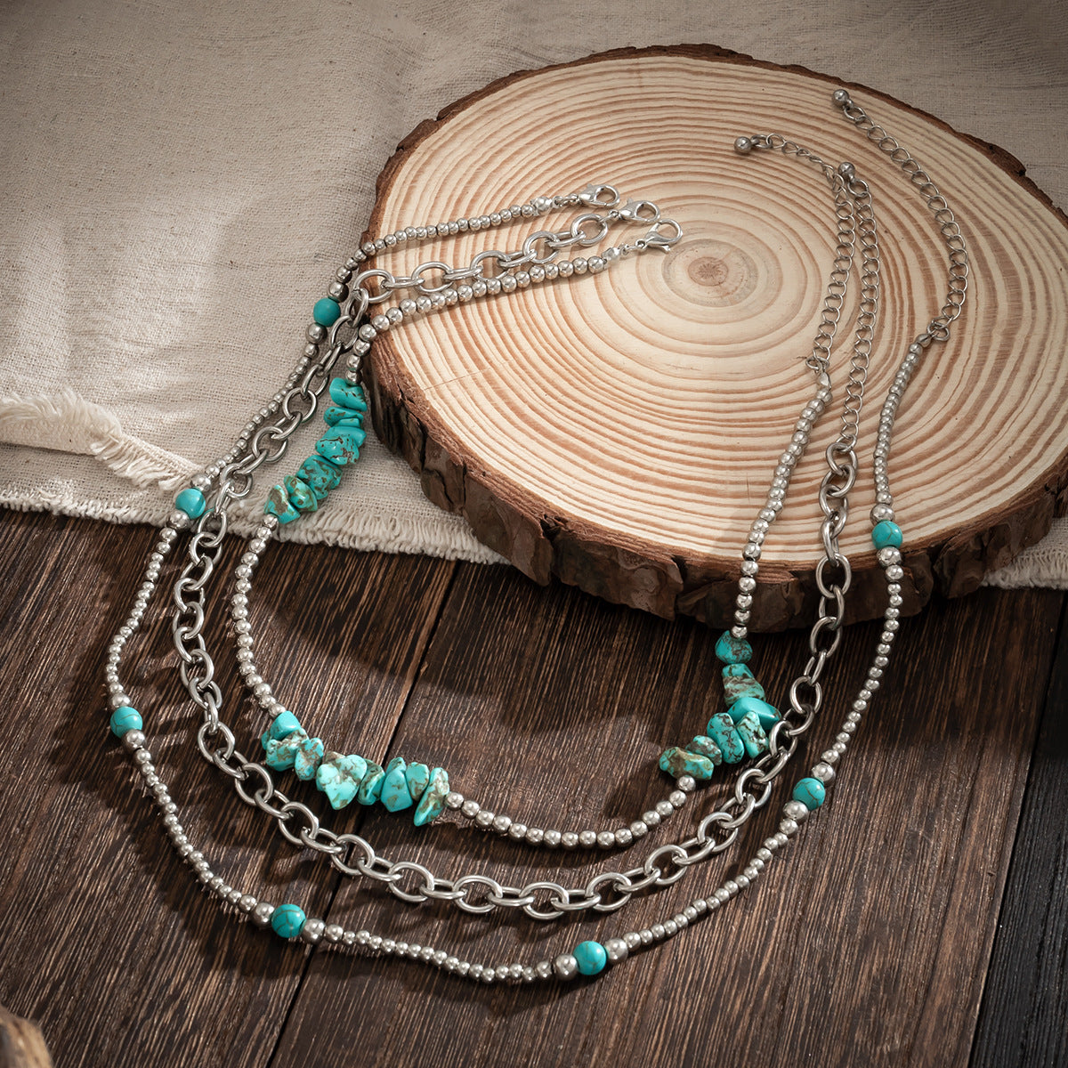 Boho Layered Cuben Chain Turquoise Natural Stone Beads Necklace