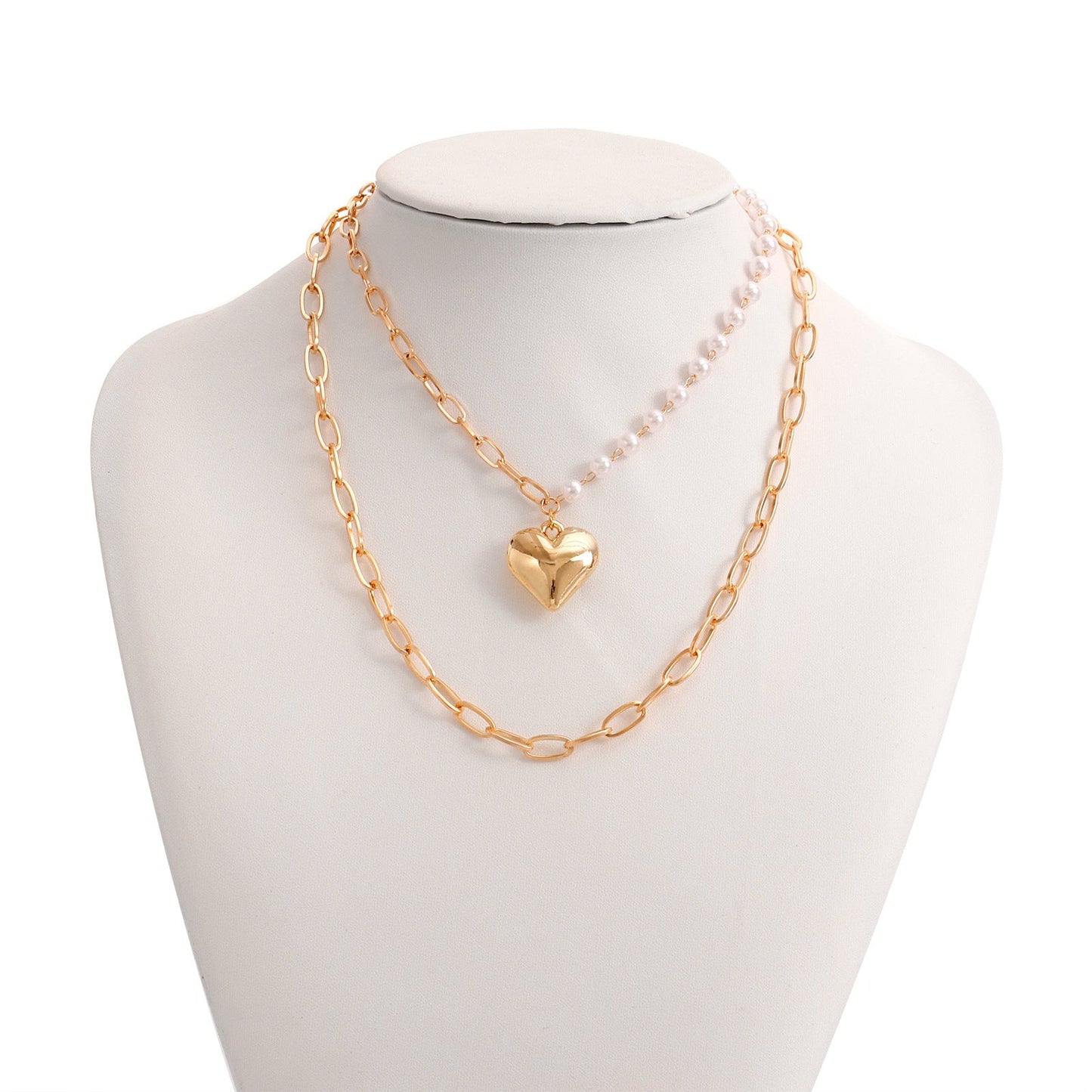 Double Layer Pearl Love Heart Pendant Necklace