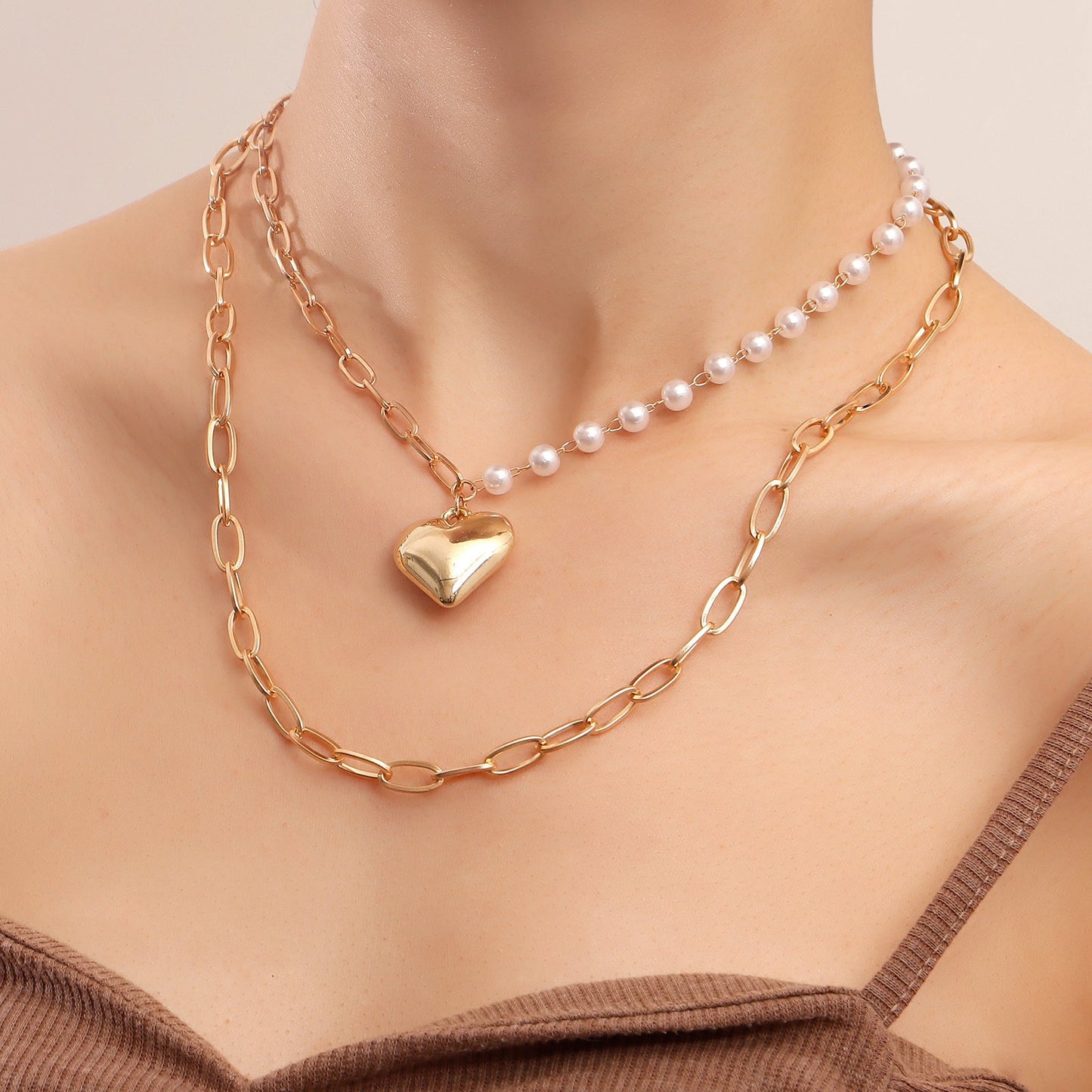 Double Layer Pearl Love Heart Pendant Necklace