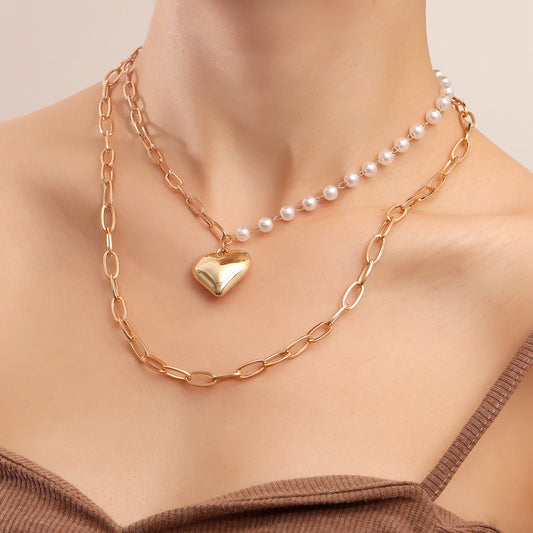 Double Layer Pearl Love Heart Pendant Necklace
