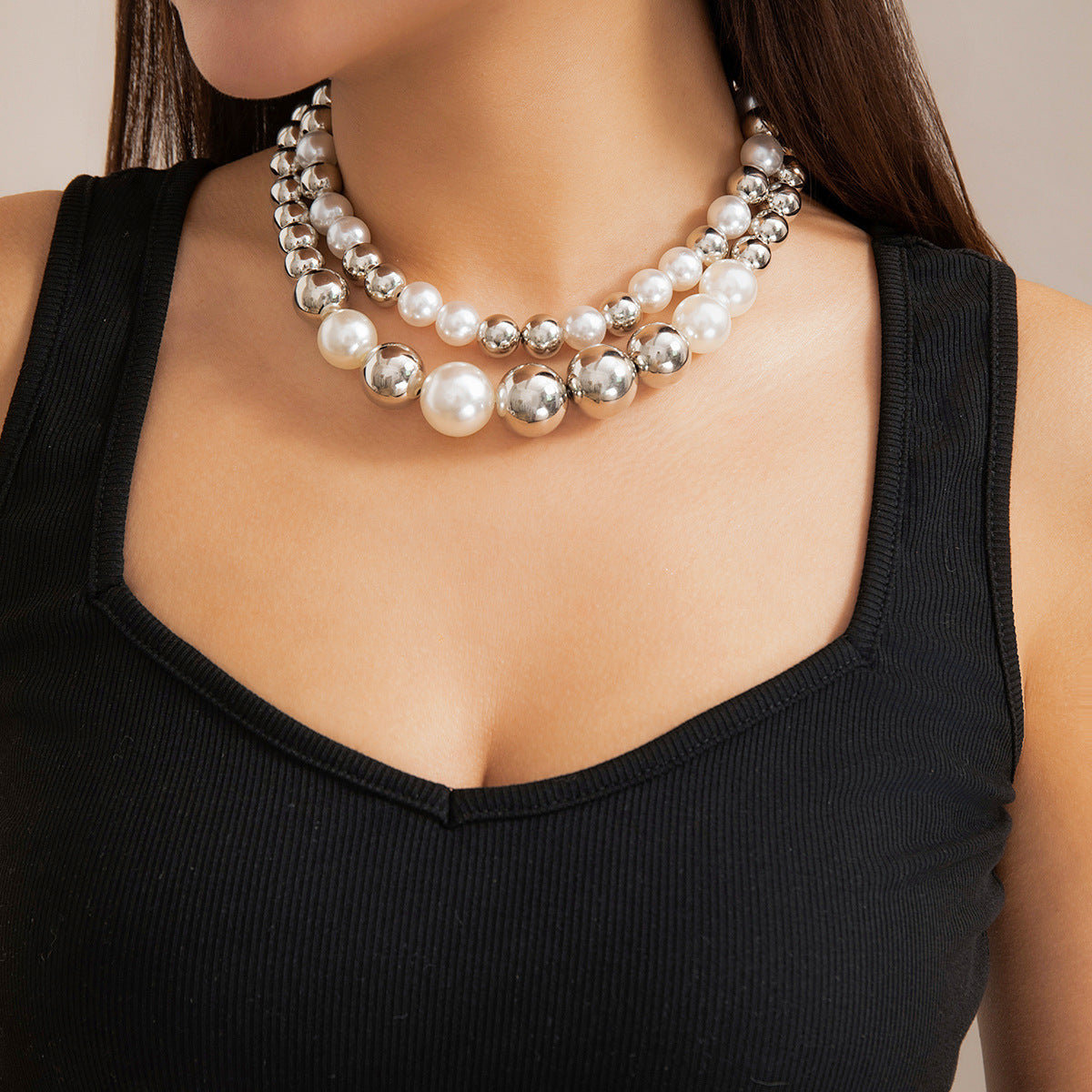 In Style Pearl Chunky Heart CCB Round Ball Bead Chain Punk Choker Necklace