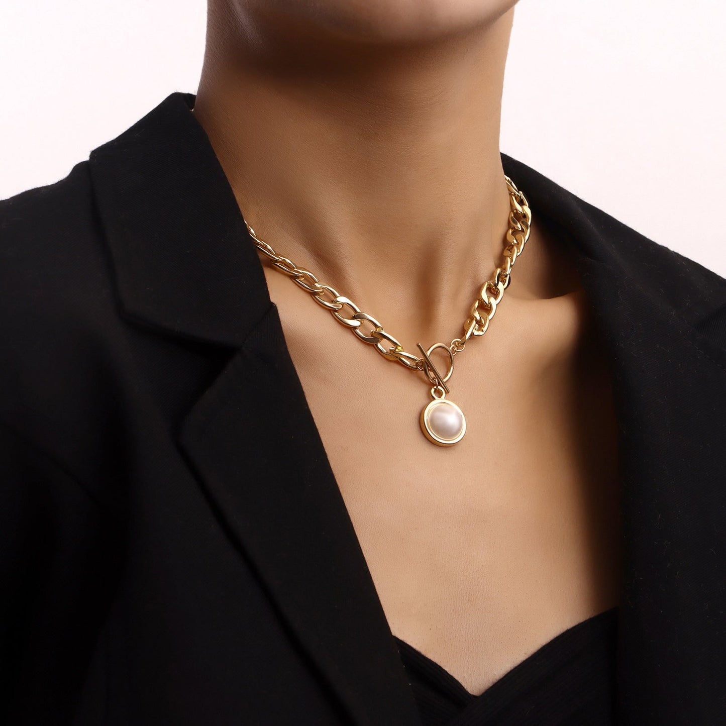 Rectangle Geometric Chain Necklace Pearl