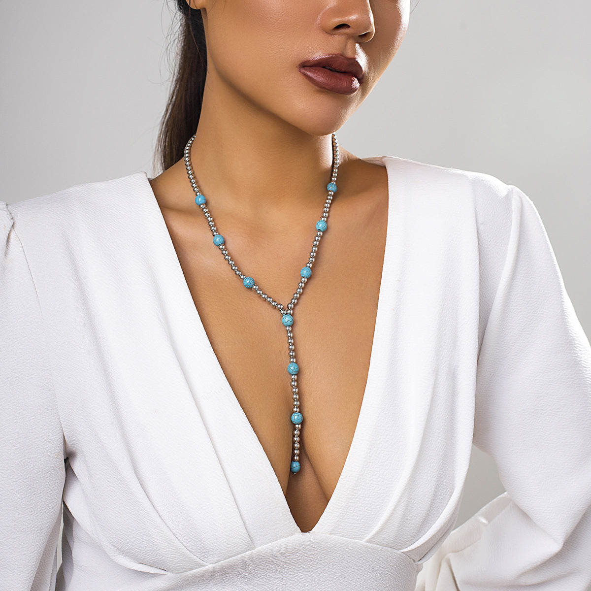 Turquoise Beaded Clavicle Necklace Long Tassel