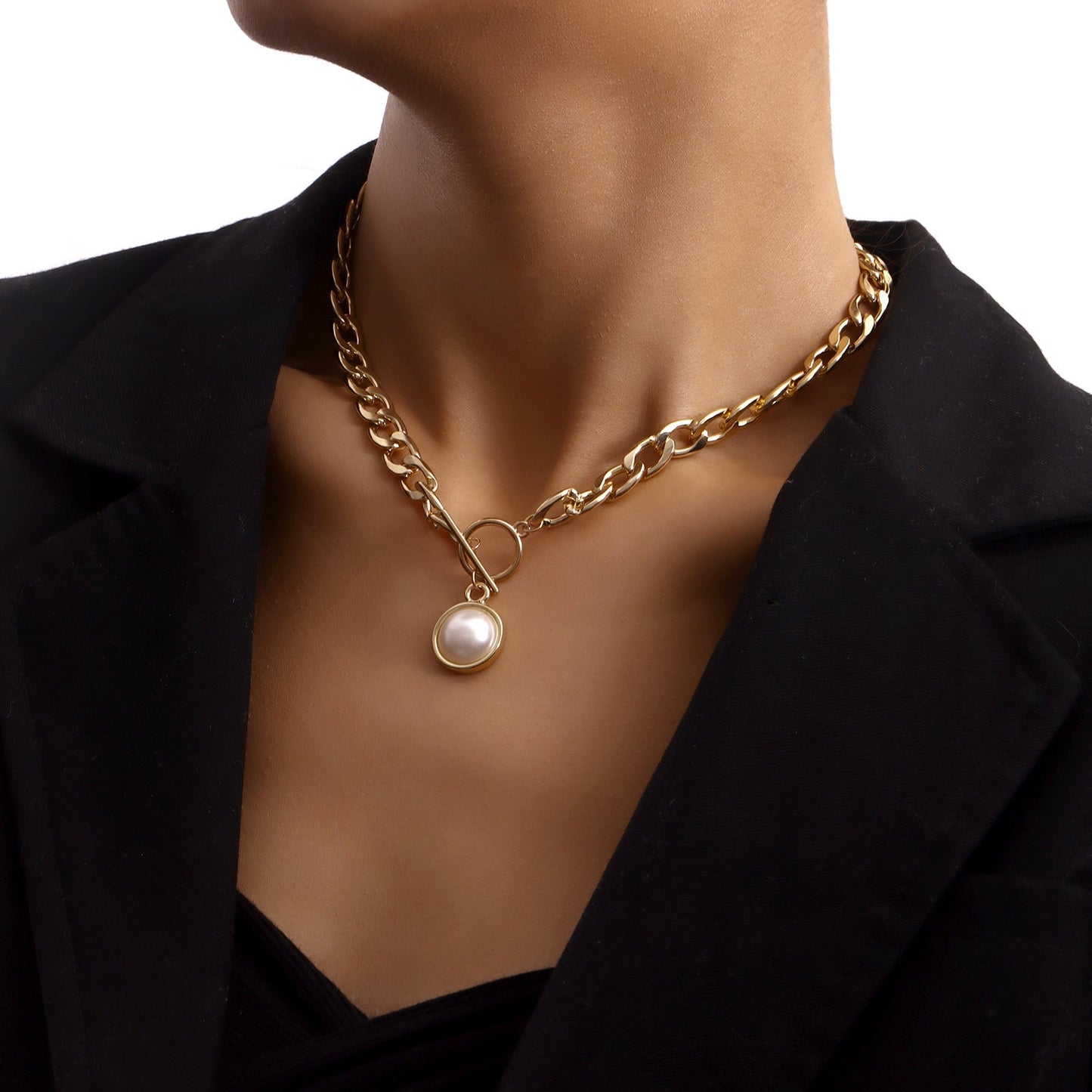 Rectangle Geometric Chain Necklace Pearl