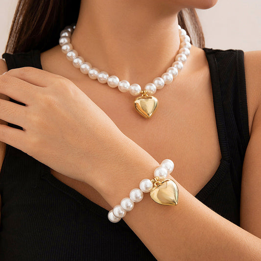 Pearl Beaded love Pendant Bracelet Necklace Set