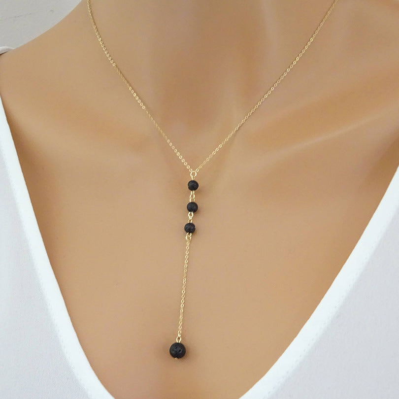 Nature Bead Lava Stone Long Pendant Necklace