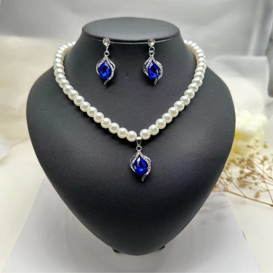Blue RhineStone Pendant Pearl Beaded Necklace Jewelry Set