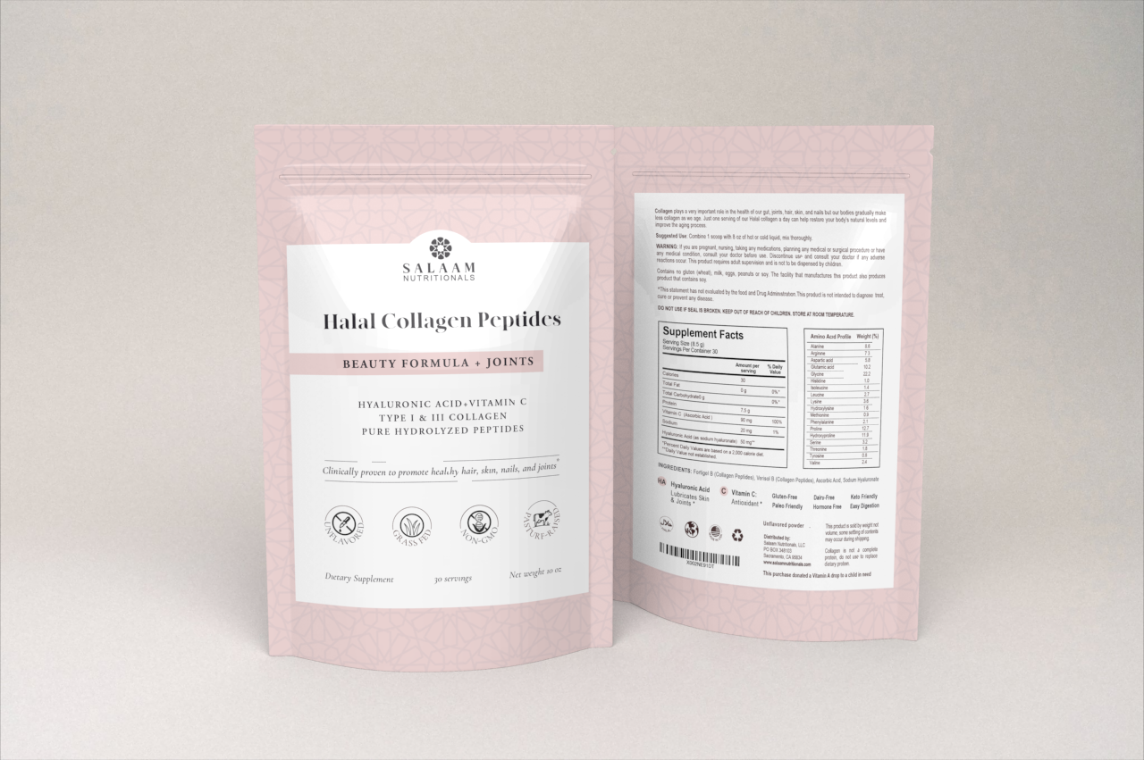 Pure Halal Collagen Hydrolyzed Peptides Type 1 & 3 Powder - With Vitamin C & Hyaluronic Acid | Nutritionals