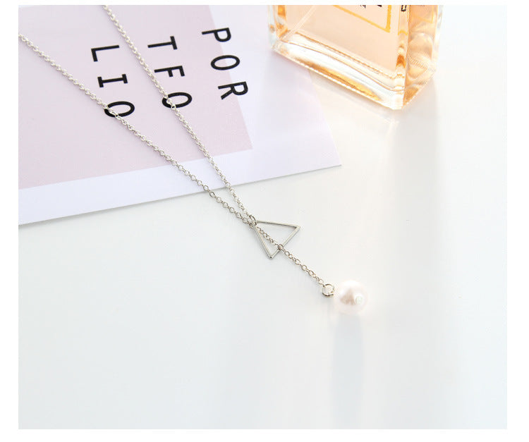 Hollow Triangle Pearl Lariat Necklace