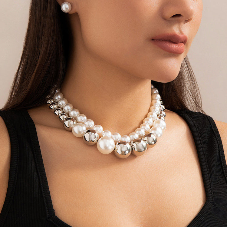 In Style Pearl Chunky Heart CCB Round Ball Bead Chain Punk Choker Necklace