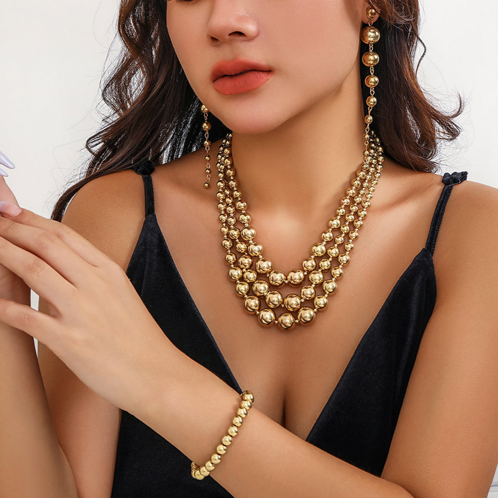 Multi Layer Geometric Gold Bead Necklace Bracelets Earring Set